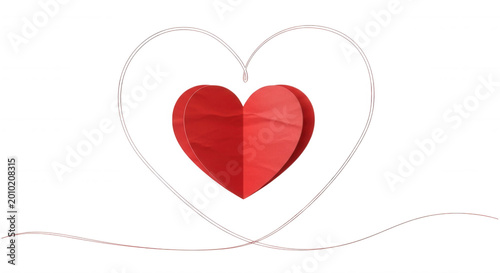 A red paper heart with visible creases floating inside a continuous white line of a heart shape on a black background