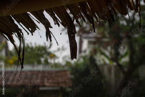 Obraz na płótnie Rain dripping from bamboo roof during tropical shower with blurred huts in backg