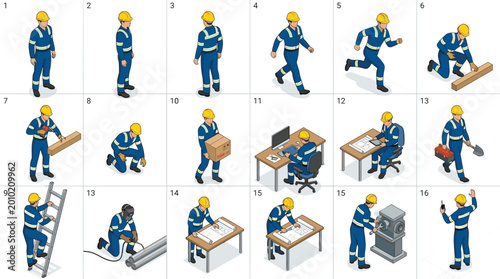 Isometric Worker Character Set with Various Labor Poses and Activities for Construction, Industry, and Workplace Design Use