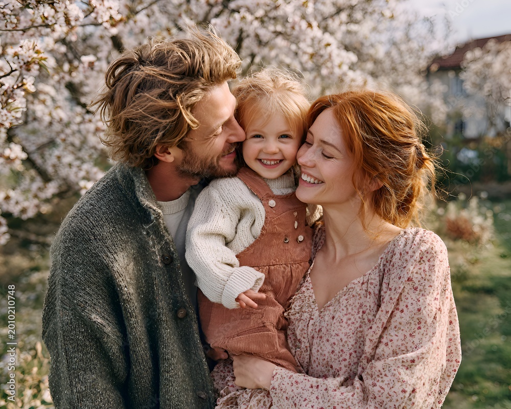 Fototapeta premium A beautiful young family smiles tenderly together, standing under the blossoming branches of a flowe tree in the sptime garden.