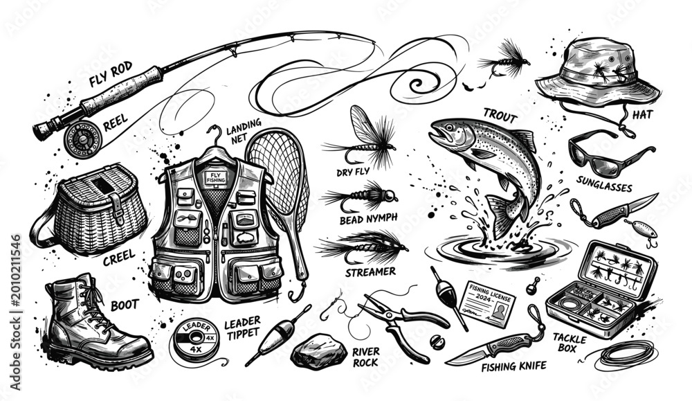 Fototapeta premium Various fly fishing equipment items, including a rod, reel, creel, and trout, are depicted in a detailed black and white illustration