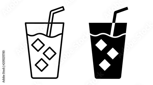 Vászonkép Two simple line drawings of a tall glass filled with ice cubes and a straw
