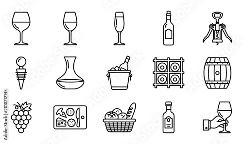 Collection of black outline wine icons, including glasses, bottles, and accessories