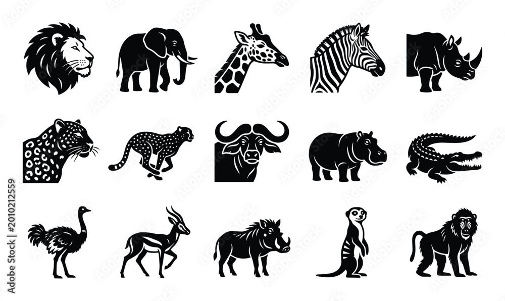 Obraz premium Collection of black and white African safari animal silhouettes, perfect for icons or logos