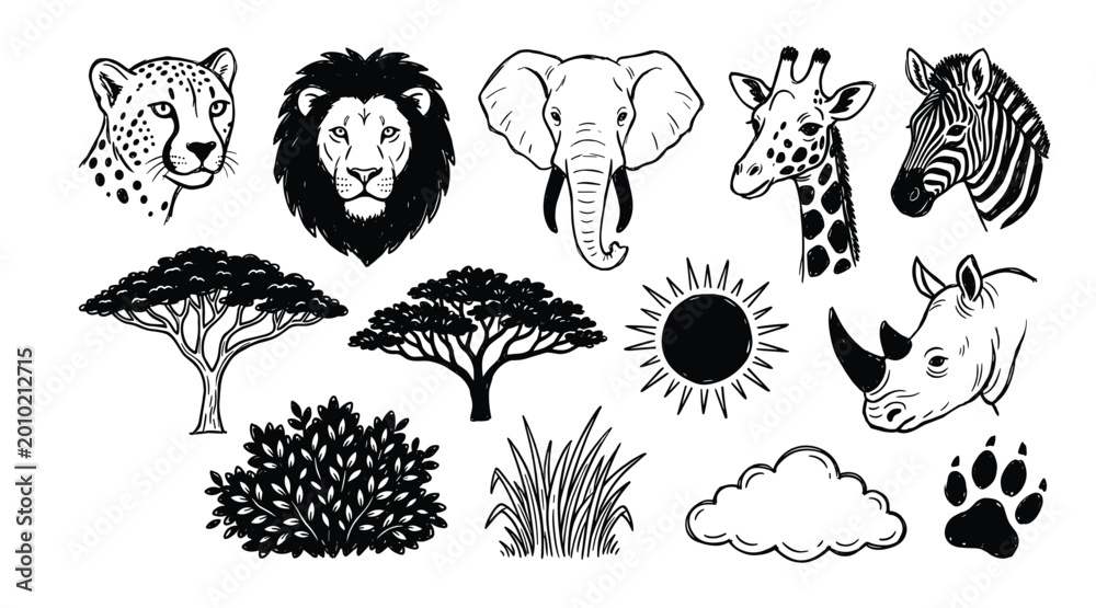 Fototapeta premium Hand-drawn black and white safari animals and nature elements set