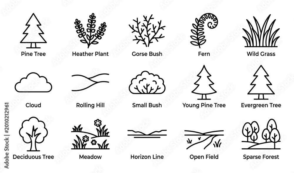 Fototapeta premium Collection of various nature and landscape outline icons, including trees, plants, and natural formations, presented