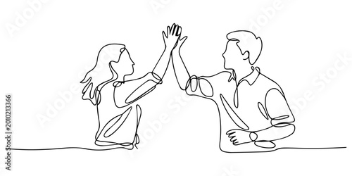 Φωτογραφία Continuous line art of high-fiving male and female adults