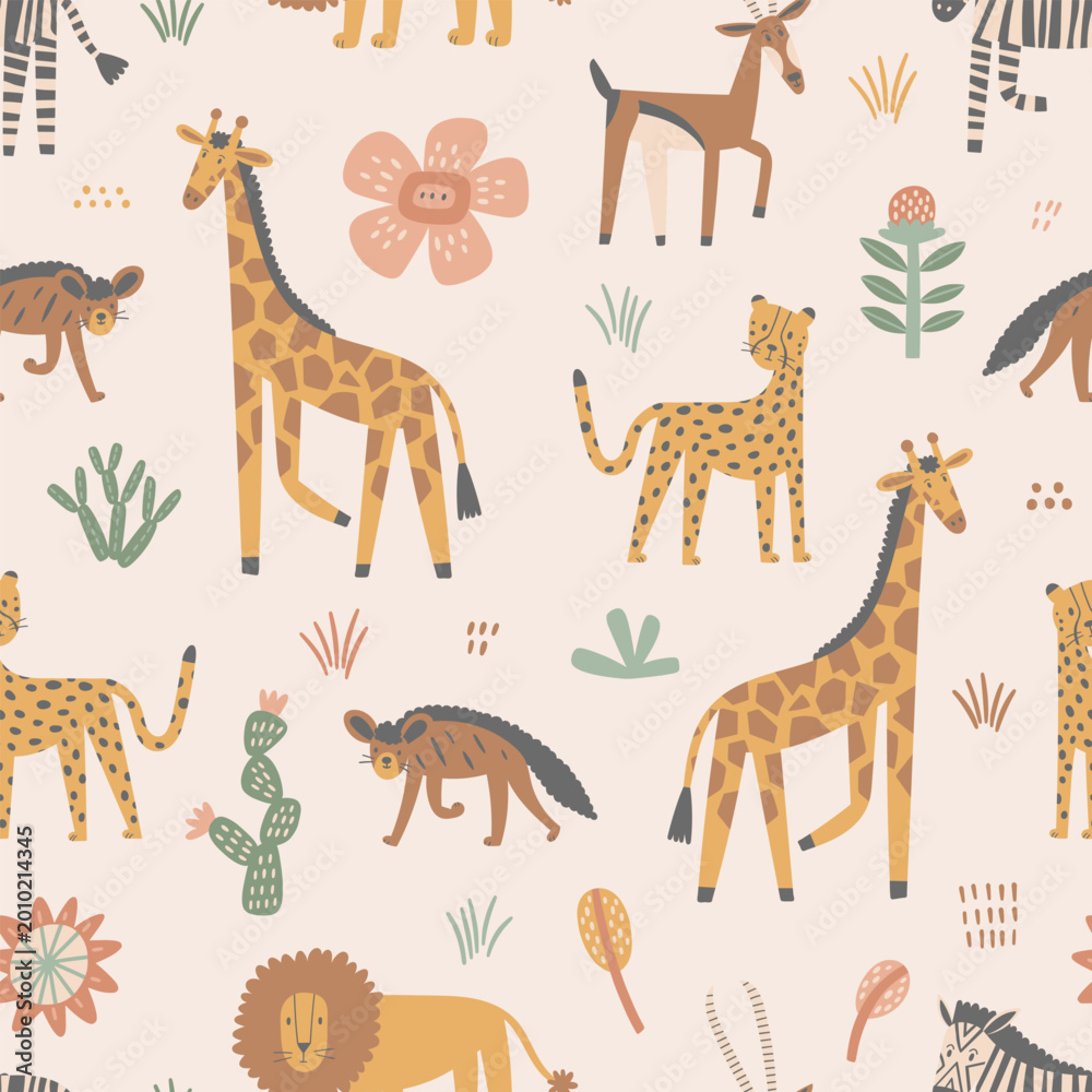 Naklejka premium African safari animals and plants seamless pattern. Cute flat hand drawn nursery characters. Giraffe, lion, cheetah and others. Perfect for prints, jungle themes, wildlife projects, and kids designs.