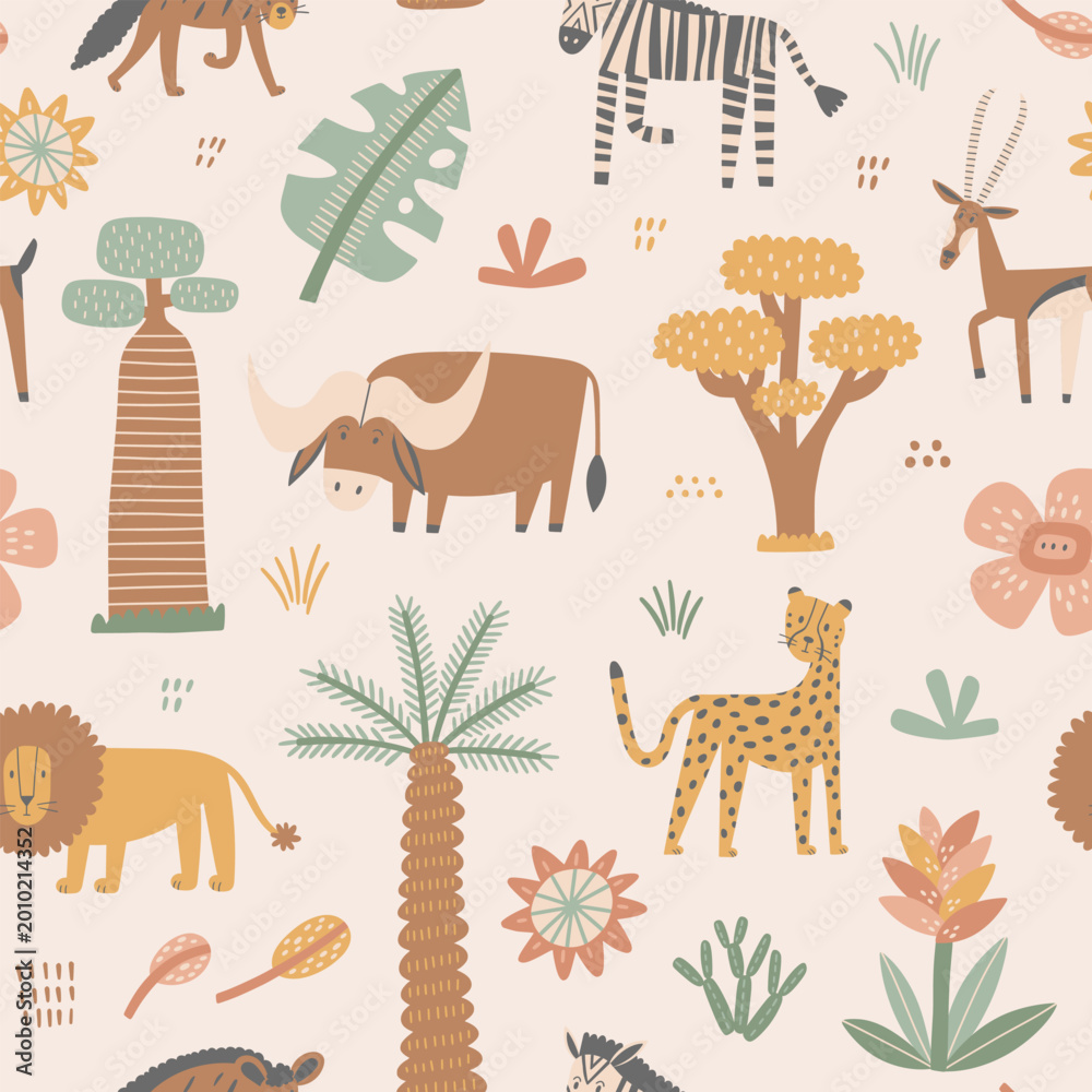 Naklejka premium African safari animals and plants seamless pattern. Cute flat hand drawn nursery characters. Buffalo, lion, cheetah and others. Perfect for prints, jungle themes, wildlife projects, and kids designs.