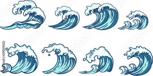 Bilde på lerret Hand drawn ocean waves collection nautical style on white background