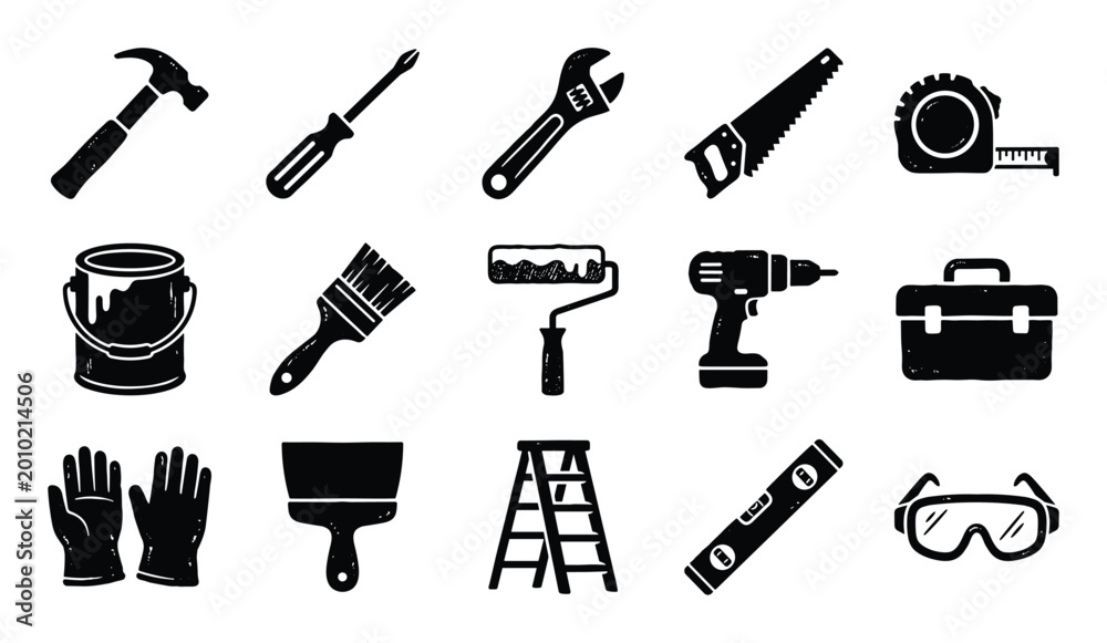 Fototapeta premium Collection of various black and white hand-drawn construction and home improvement tools