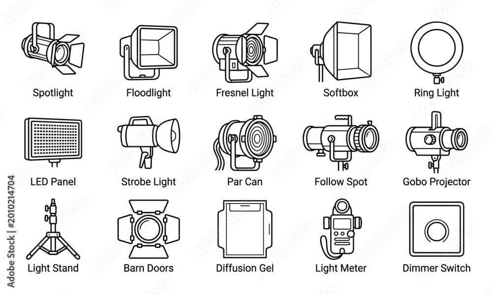 Fototapeta premium Collection of various studio lighting equipment and accessories are depicted in a clean outline icon style