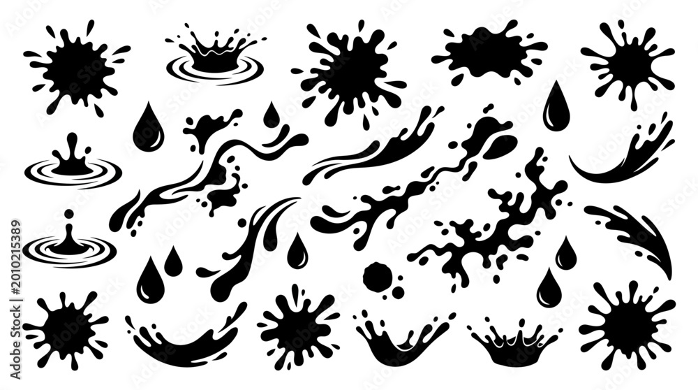 Fototapeta premium Collection of black ink splatters and drops, graphic elements