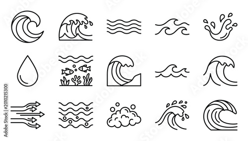 Collection of various simple black outline water and wave icons