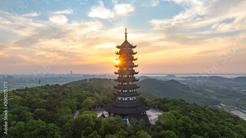 Sticker Sunset Pagoda Over Mountain Forest