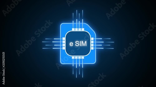 Sim card animation with blue esim chip. Sim card digital neon circuit lines. Sim card mobile technology graphic on black background.
