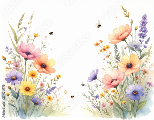 Watercolor Wildflower Meadow with Honey Bees, Colorful Spring Floral Border Illustration on White Background
