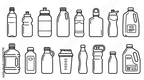 Quadro em tela Vector Line Art Set of Diverse Bottles for Water, Sports, Milk, and Various Beve