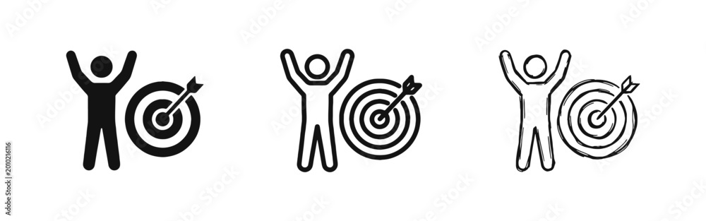 Obraz premium Achievement Goal Success Icon Set - Solid, Outline, and Hand Drawn Sketch Style