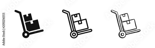 Obraz na plátně Delivery hand truck trolley with cardboard boxes icon set in solid, outline and