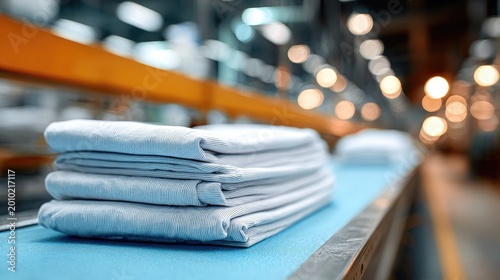 Stack of Freshly Laundered White Towels on a Conveyor Belt in an Industrial Laundry Facility.