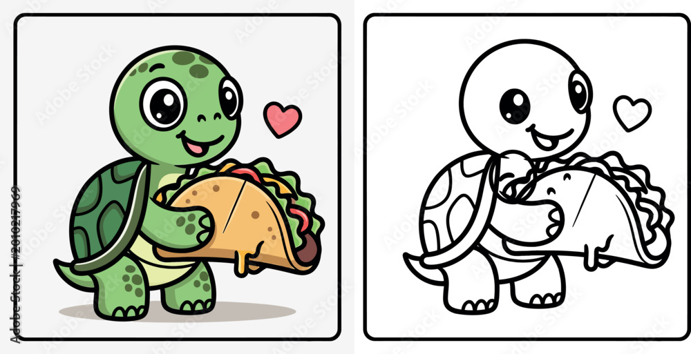 Obraz premium Adorable Cartoon Turtle Happily Holding a Delicious Taco with a Heart