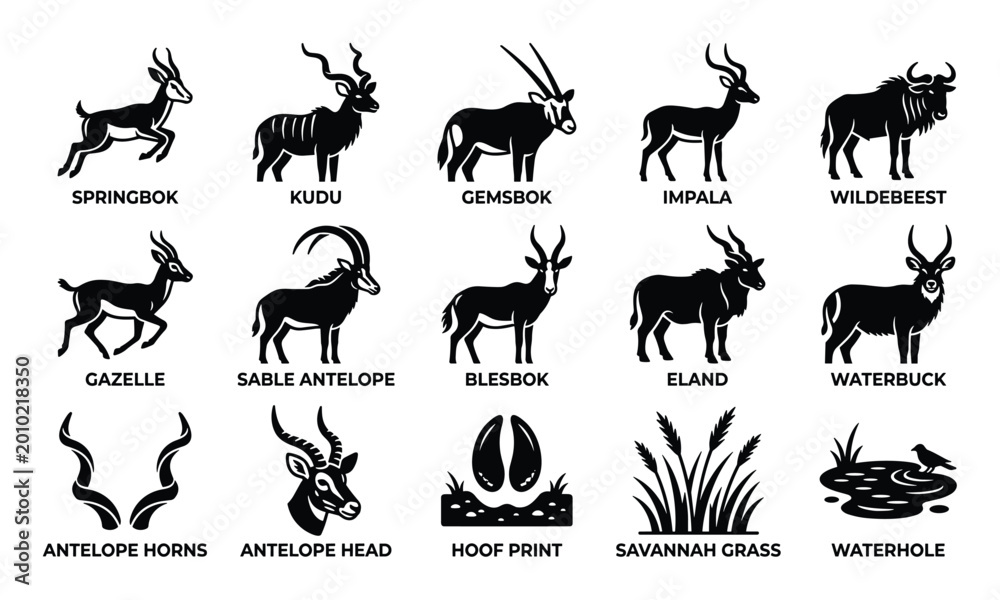 Obraz premium Collection of black and white African antelope and wildlife icons, including various species, horns, and habitat elements