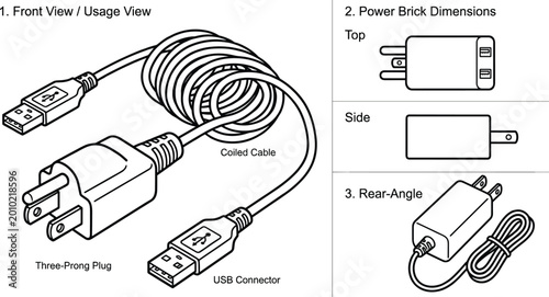 Quadro su tela USB Charger Cable Diagram Featuring Three Prong Plug, Coiled Wire and Power Adap