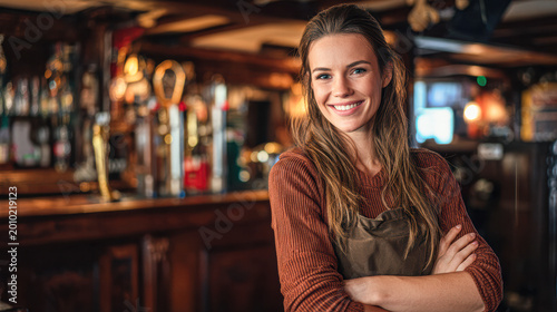 A smiling bartender stands confidently in a cozy bar, surrounded by wooden decor and drink taps.