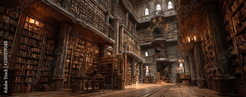 Enchanting Old Library Interior with Towering Bookshelves and Warm Lighting.