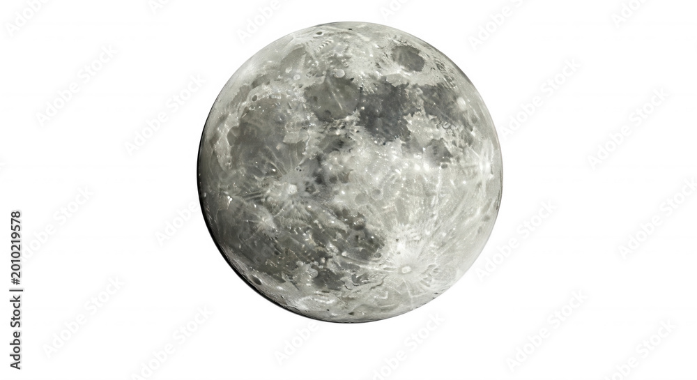 Naklejka premium A full moon isolated against a pitch black background, showing detailed lunar craters, grey rocky textures, and bright white surface highlights
