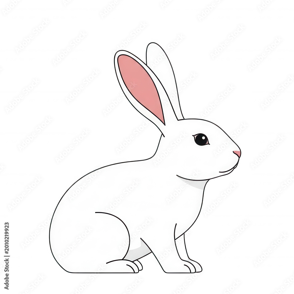 Fototapeta premium A side profile of a white rabbit with pink inner ears, black outlines, and a solid black background, style