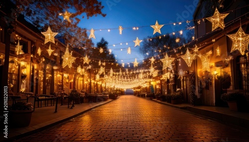Charming Street Illuminated by Twinkling Star Lights at Dusk.