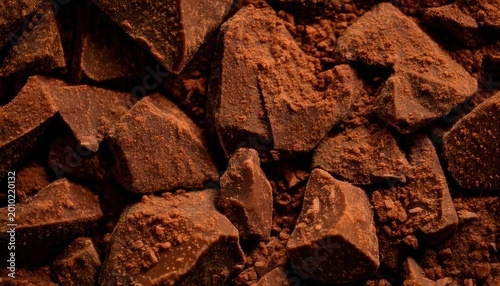 Close-up texture of rich dark chocolate chunks piled high.