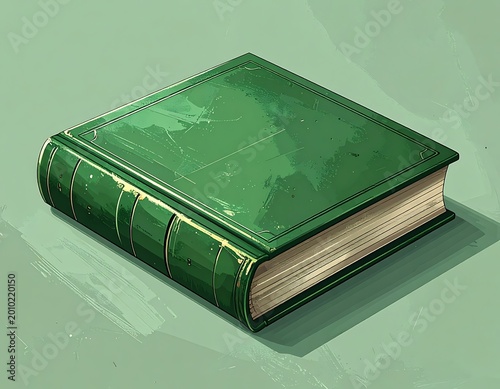 Illustration of a closed, vintage hardcover book, rendered in a stylized, painted aesthetic against a mottled teal backdrop