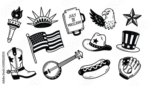 Collection of black and white American patriotic and cultural doodle icons