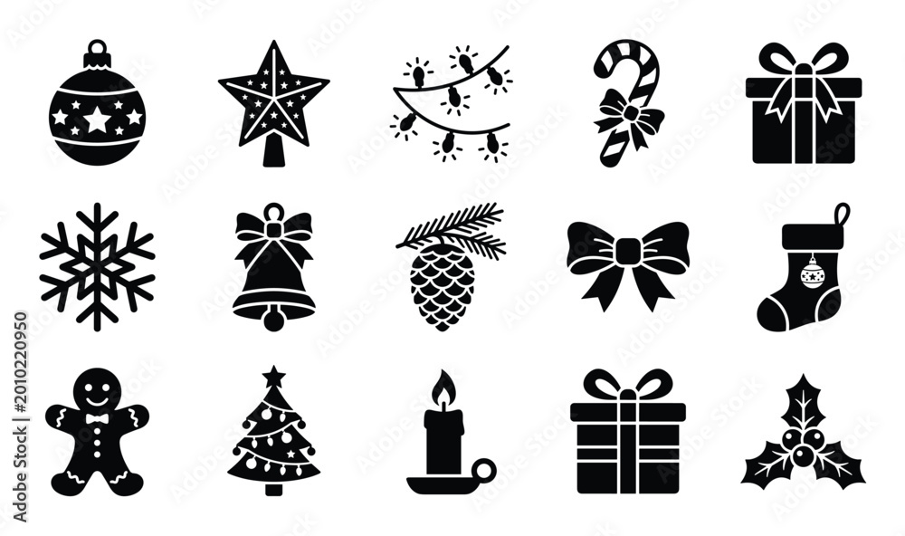 Fototapeta premium Collection of black silhouette Christmas holiday icons including ornaments, gifts, and festive decorations