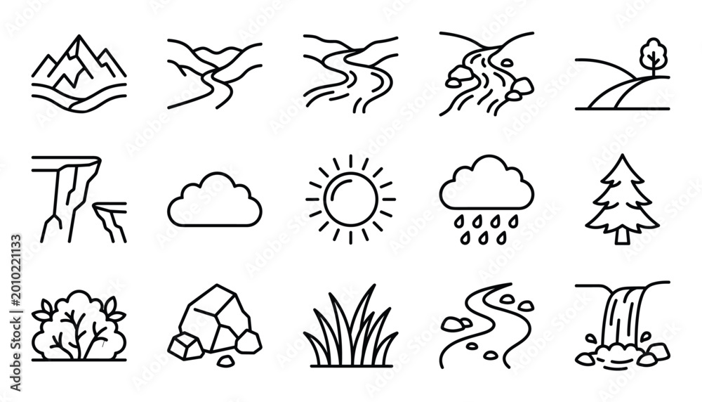 Obraz premium Collection of fifteen simple line art icons representing various natural landscape elements and weather phenomena