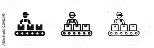 Foto Factory worker on conveyor belt assembly line icon set in flat, outline, and doo