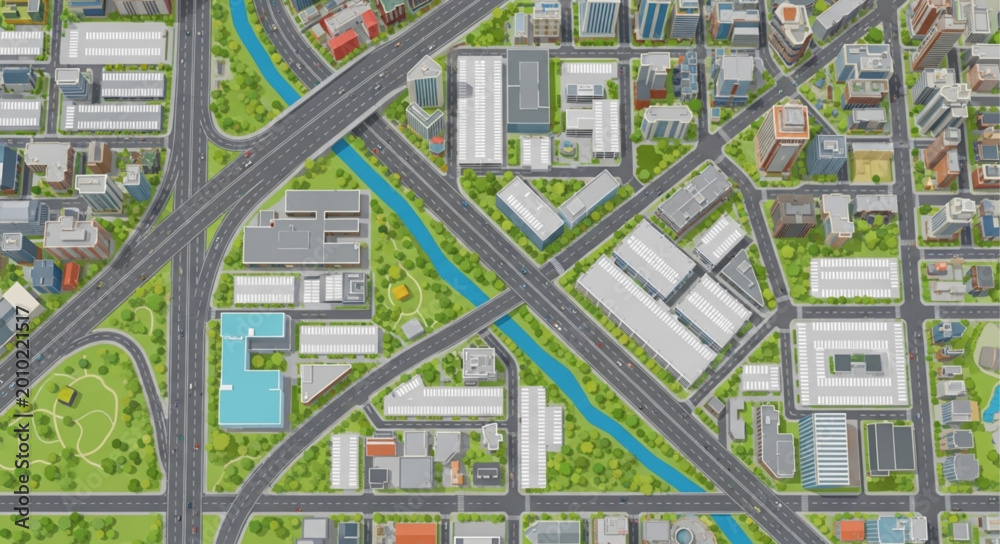 Obraz premium Aerial view of a modern city with a river and highway interchange.