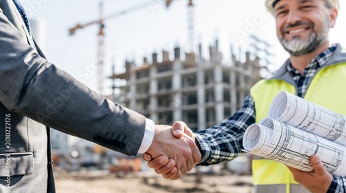 A business handshake deal in the construction industry.