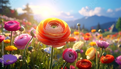 Close-up of vibrant flowers in a sunlit field, with mountains in the background. Colorful blooms are in focus