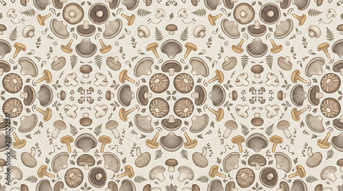 Seamless Hand-Drawn Mushroom Pattern. Earthy Botanical Design with Forest Fungi and Leaves. Nature Texture.