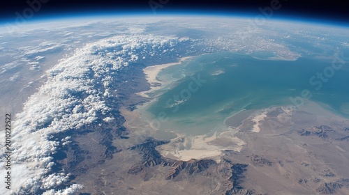 Earth view from space captures a vast coastline with massive cloud formations over the landscape.