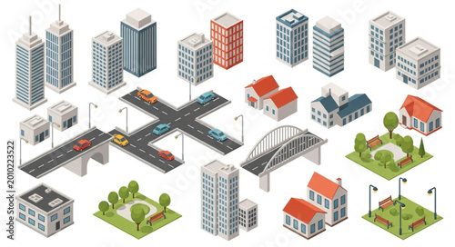 Isometric City Buildings and Infrastructure Elements Collection.