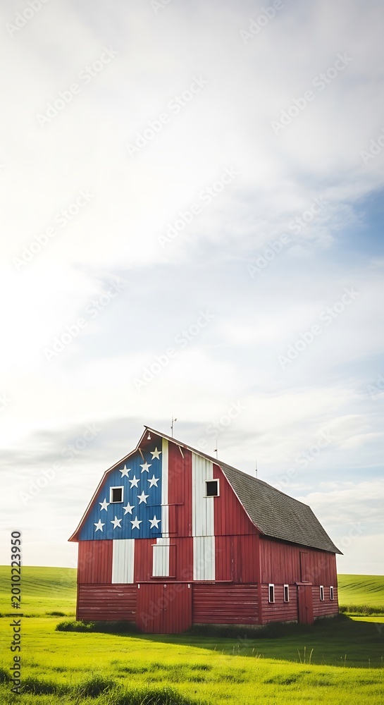 Obraz premium A red barn with an American flag painted on it stands in a green field under a cloudy sky.