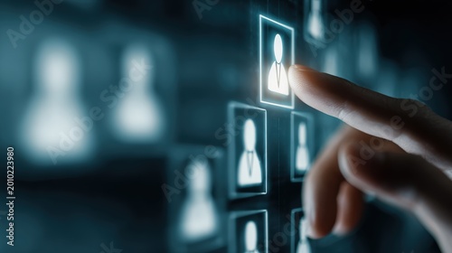 Human finger interacts with a digital interface to select a professional candidate from a network.