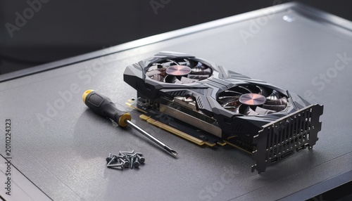 High-performance graphics card on a workstation with repair tools, representing computer maintenance, hardware upgrades, and DIY PC building.