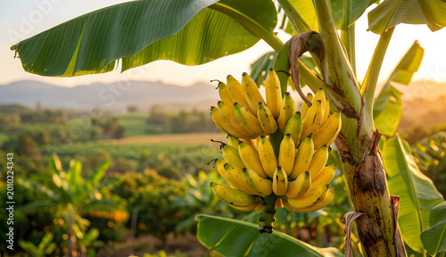 Ripe bananas hanging on a tree in a lush plantation at sunset, tropical fruit harvest