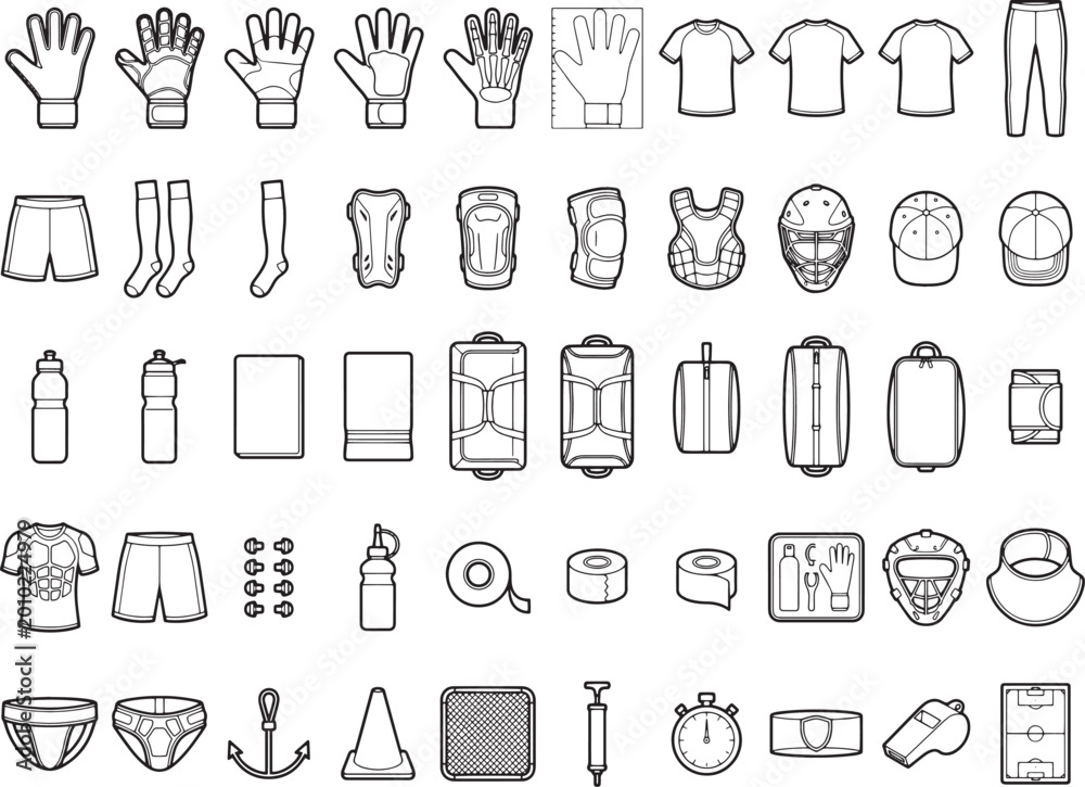 Fototapeta premium Sporting gear and equipment arranged, this illustration emphasizes the diverse array of essential tools for competition, training, and athletic endeavors.
